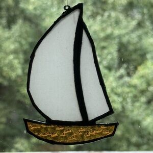 Vtg Stained Glass Sailboat Suncatcher Window Hanging Home Decor White Yellow